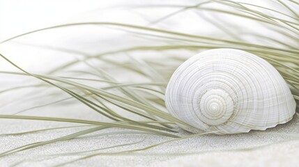 White Shell on Sandy Beach with Green Grass in Soft Light