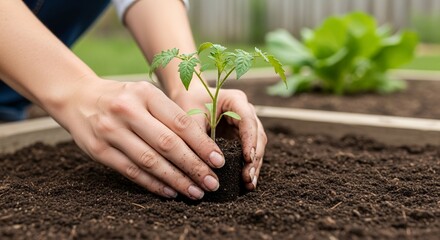 Planting a seedling in garden soil