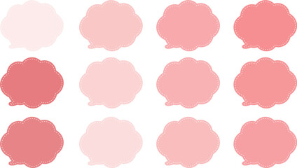 ピンク系の１２色の吹き出しセット。吹き出しの内側に白い破線がある。使いやすくてかわいいふきだしセット。