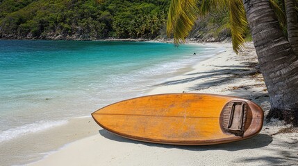 Wooden Boat on Tropical Beach with Crystal Clear Water and Palm Trees