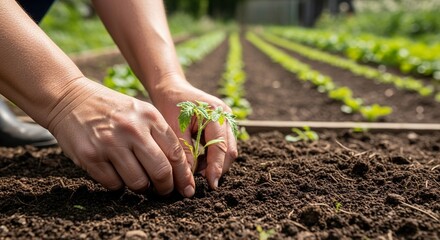 Planting a young seedling in the garden