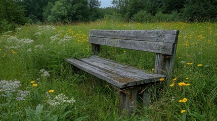 Wooden Bench Surrounded by Wildflowers in Lush Green Field