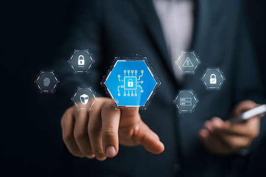 AI security system interface. Businessman scanning fingerprint for network protection.
 - Powered by Adobe