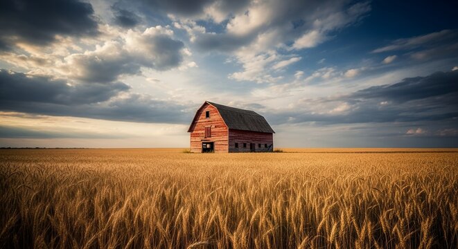 Red Barn in a Golden Wheat Field Under a Dramatic Sky