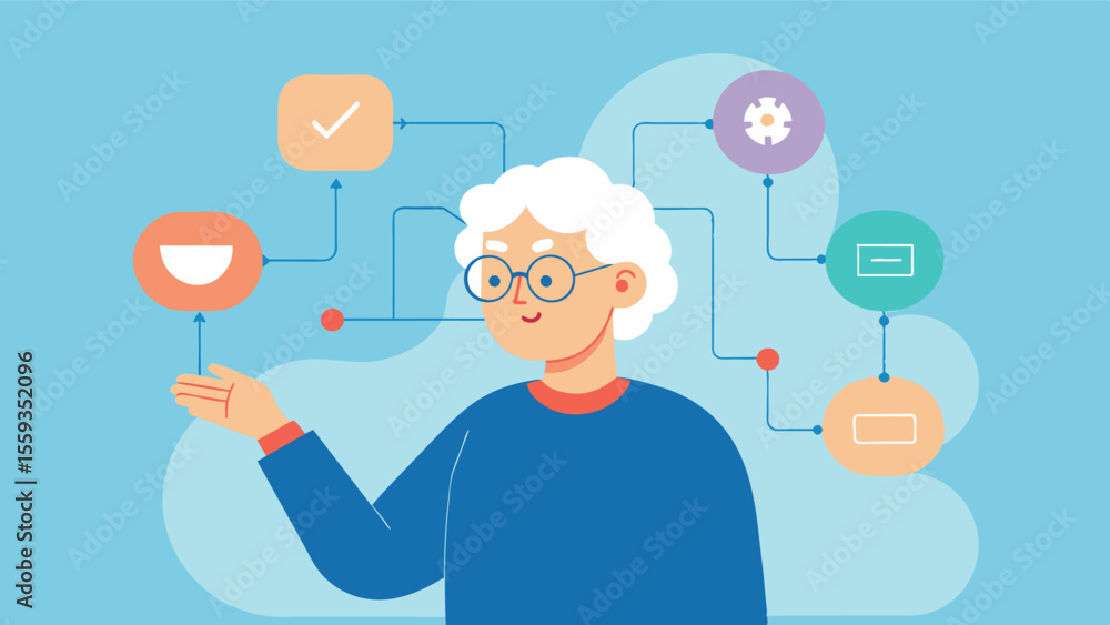 Poster an elderly individual creating a mind map to help manage their chronic illness and the related sympt