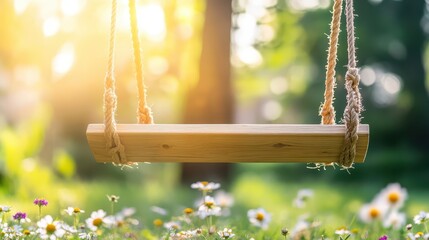 Wooden Swing in Nature Surrounded by Flowers and Warm Sunshine