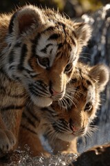Obraz premium Two Amur tiger cubs near water close up view showing detail of fur and faces