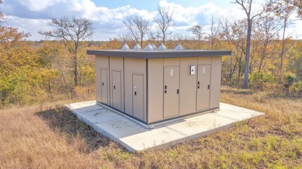 Utility Building Surrounded by Autumn Trees in Open Field Landscape