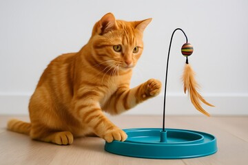 Orange Tabby Cat Playing with Pet Toy on Wooden Floor