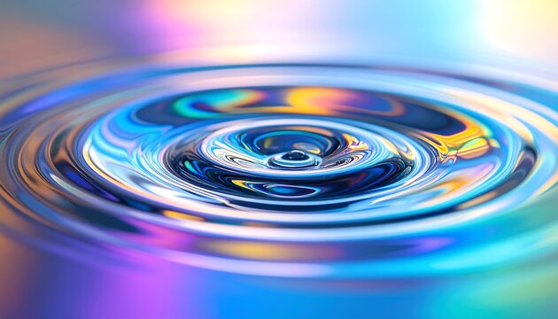 Fluid motion displays rippling liquid and iridescent reflections, showing a captivating visual of concentric circles, light play, and dynamic surface tension.