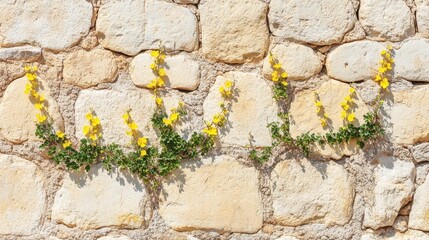 Yellow Flowers Growing on Stone Wall in Natural Environment