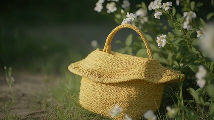 Yellow Handcrafted Woven Basket Surrounded by Delicate Flowers