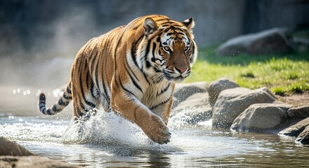 Striped Cat Running Through Water Wildlife Action Shot