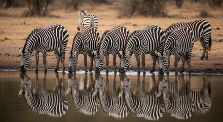 Striped Equines Drinking at Waterhole Wildlife Reflection