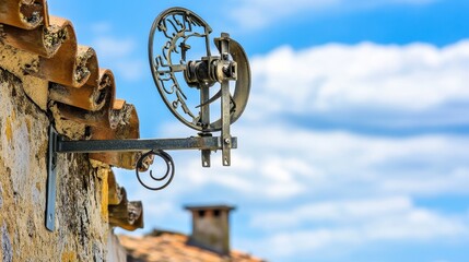 Vintage Mechanical Weather Vane on Rustic Wall Under Blue Sky
