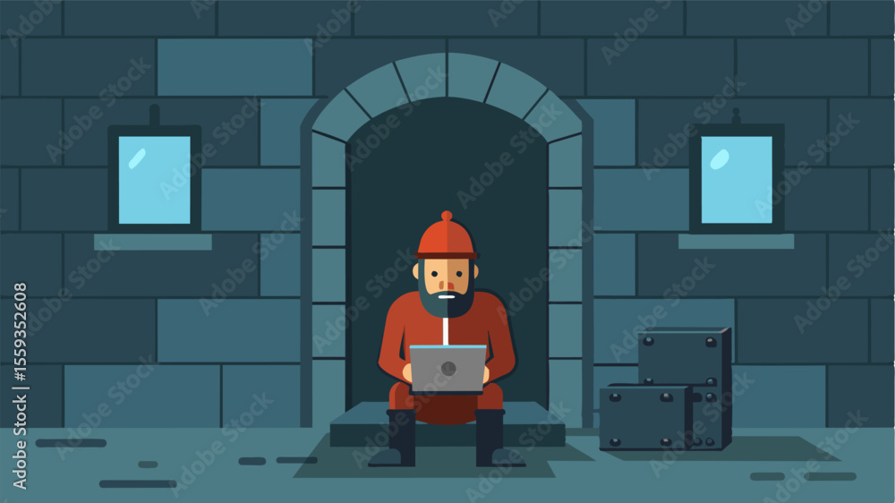 Poster in the castles dungeon a lone guard sits at his post with a laptop open in front of him the only ind