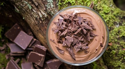 Rich Chocolate Mousse Topped with Shaved Chocolate in Nature Setting