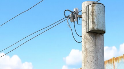 Weathered Utility Pole with Cables and Box Under Clear Blue Sky