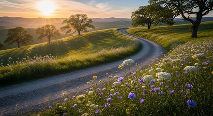 Sunset Country Road with Wildflowers and Rolling Hills