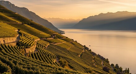 Vineyard Landscape at Sunset Over a Lake and Mountains