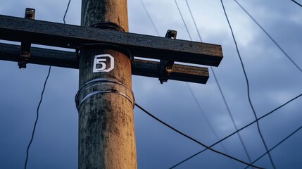 Wooden Power Pole with Wires Against Moody Cloudy Sky