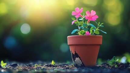 Potted Pink Flowers with Soft Sunlight in Beautiful Garden Setting