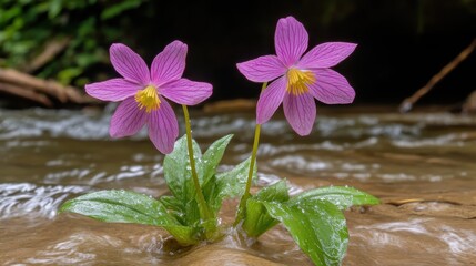 Pink Wildflowers Blossoming Beside a Gentle Stream in Nature