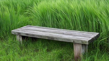 Rustic Wooden Bench in Lush Green Grass Field under Bright Sky
