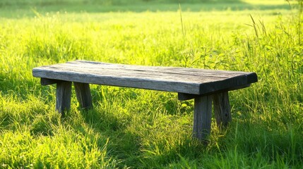 Rustic Wooden Bench Surrounded by Lush Green Grass in Nature