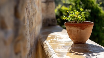 Potted Plant on Stone Table with Soft Sunlight and Green Background