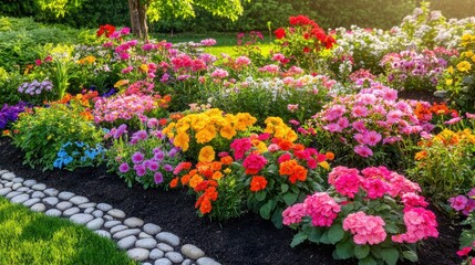 Naklejka premium Vibrant Flower Garden with Colorful Blooms in Spring Sunshine