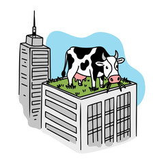 cow grazing on a skyscraper rooftop funny doodle drawing