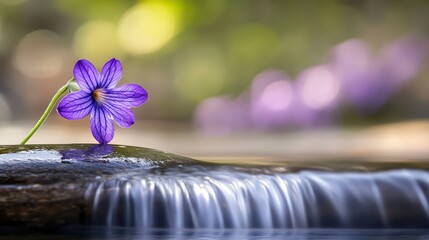 Purple Flower by Waterfall in Nature Setting with Blurred Background