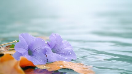 Purple Flowers Floating on Water Surface with Autumn Leaves Nearby