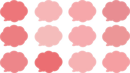 ピンク系の１２色の吹き出しセット。吹き出しの内側に白い破線がある。使いやすくてかわいいふきだしセット。
