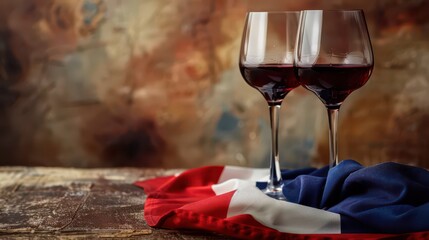 French celebration with wine glasses and flag for bastille day festivity. Horizontal banner. Copy space. Free space for text. Flag of France and and two glasses of red wine