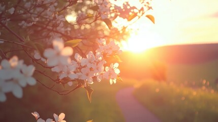Radiant Sunset with Blooming Flowers Along a Serene Pathway