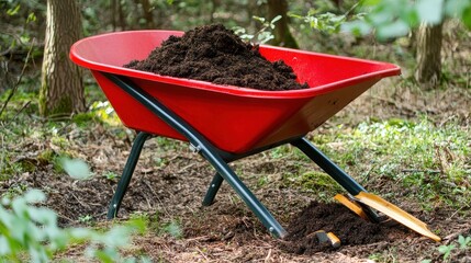 Red Wheelbarrow Filled With Soil in Lush Forest Environment