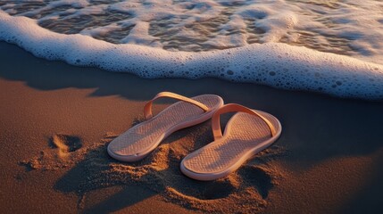 Sandy Beach Scene with Flip Flops and Gentle Ocean Waves