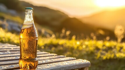 Refreshing Beverage on a Table with Sunset Background in Nature