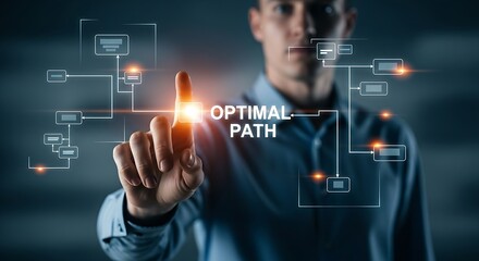 Obraz premium Business decision-making and optimal path concept. A professional's hand points to a branching flowchart on a virtual interface, highlighting the most efficient route. Perfect for project management a