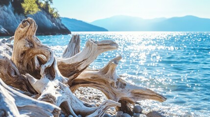 Scenic Driftwood on Serene Beach with Sparkling Ocean View