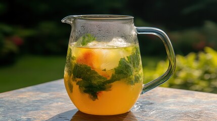 Refreshing Citrus Herbal Drink in Clear Jug on Summer Table