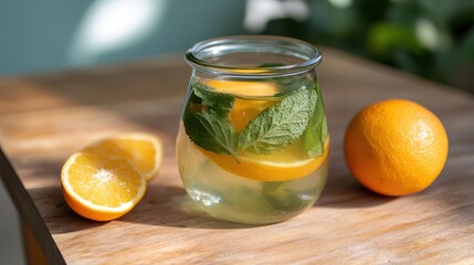 Refreshing Citrus Drink with Mint and Orange on Wooden Surface