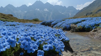Scenic View of Blue Flowers Against Majestic Mountain Landscape