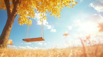 Serene Autumn Landscape with Swing Under a Golden Tree Canopy