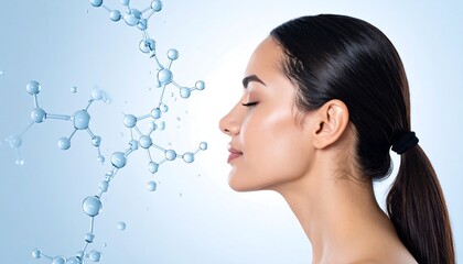 Beautiful woman's profile with hydrating molecule structure for skincare and beauty products