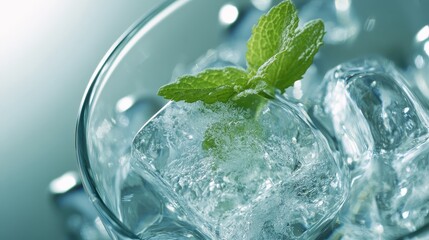 Refreshing Ice Cubes with Mint Leaf in Clear Glass Close Up
