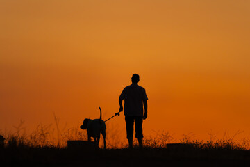 Silueta de hombre paseando perro al atardecer