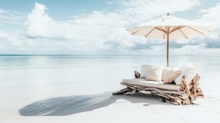 Serene Beach Scene with Lounge Chair and Umbrella Under Cloudy Sky